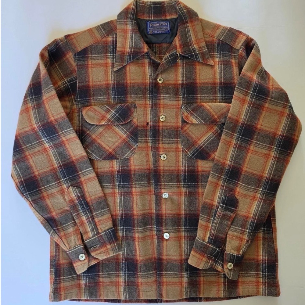 Vintage Pendleton Wool Board Shirt Men's M Plaid Loop Collar Made in USA 60s 70s